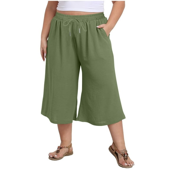 AherBiu Plus Size Capri Pants for Women Wide Leg Lightweight Summer Casual Loose High Waisted Capris with Pockets