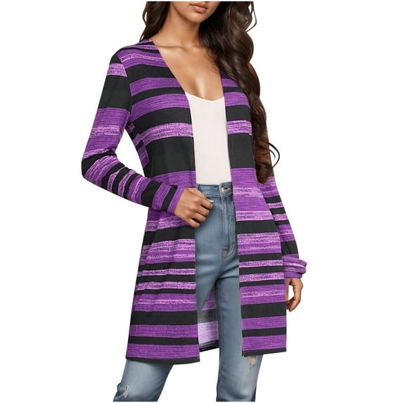 AherBiu Plus Size Cardigans for Women Long Sleeve Open Front Lightweight Fall Casual Striped Long Outwear