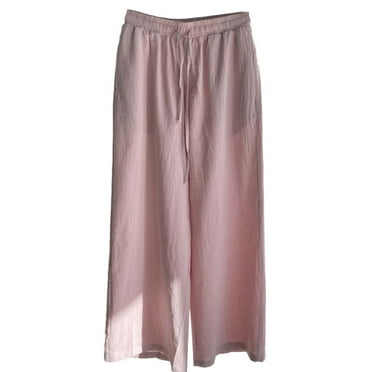AherBiu Plus Size Cotton Linen Pants for Women Straight Wide Leg Drawstring Elastic Waist Solid Color Slacks