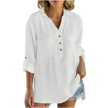AherBiu Plus Size Cotton Linen Shirts for Women Pullover Half Button Lapel V Neck Solid Color Tops Blouse