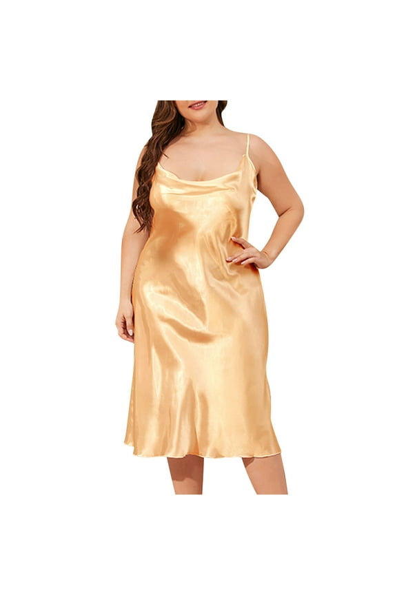 Plus Size Dresses for Women Cowl Neck Sleeveless Spaghetti Strap Satin Pajama Midi Dress Sleepwear