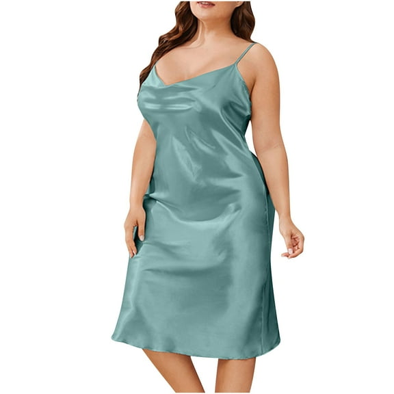 AherBiu Plus Size Dresses for Women Cowl Neck Sleeveless Spaghetti Strap Satin Pajama Midi Dress Sleepwear
