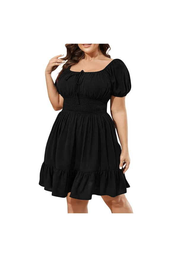Plus Size Dresses for Women Drawstring Square Neck Smocked Waisted Ruched Ruffle Flowy Short Sleeve Summer Dress
