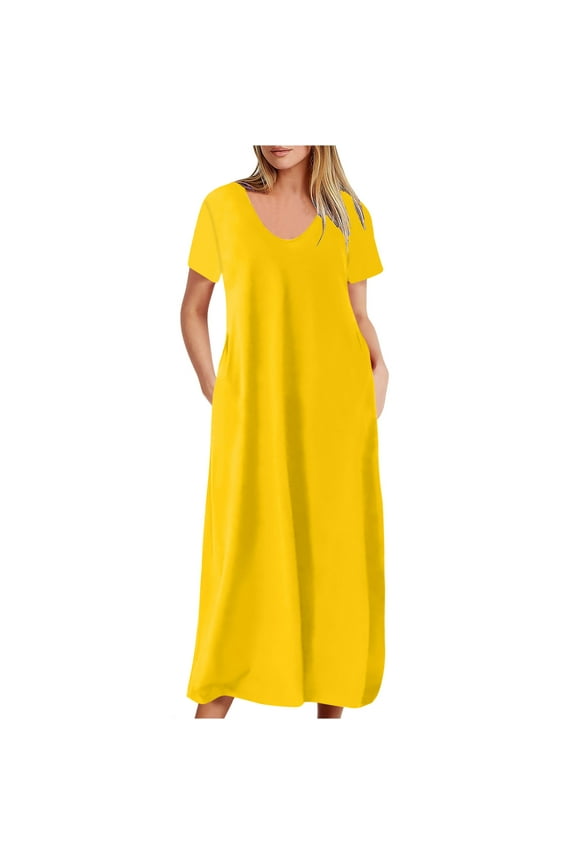 Plus Size Dresses for Women Short Sleeve V Neck Summer Casual Comfy Long T-Shirt Dress with Pockets