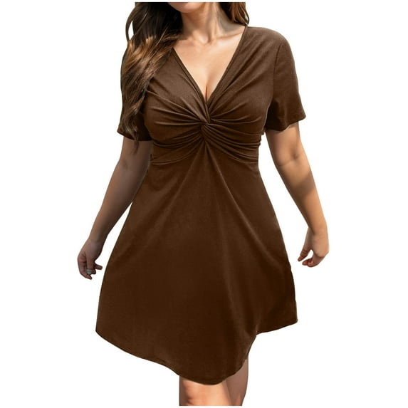 AherBiu Plus Size Dresses for Women Summer Casual Twisted Deep V Neck Short Sleeve Stretch Tunic Dress