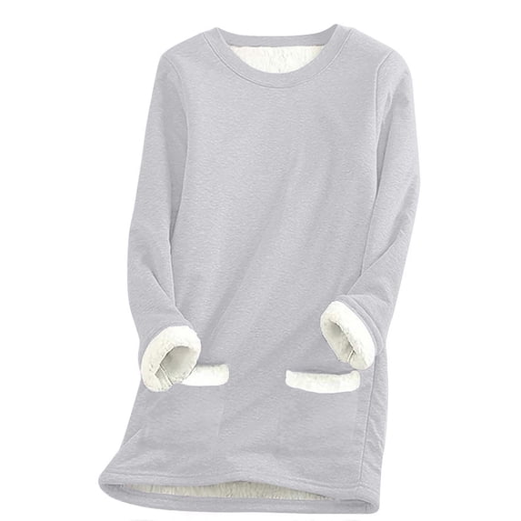 AherBiu Plus Size Fleece Lined Tops for Women Thermal Warm Top Tees with Pockets Long Sleeve Crew Neck Pullover
