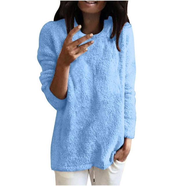 AherBiu Plus Size Fleece Tops for Women Lightweight Basic Top Tees Crew Neck Long Sleeve Solid Color Pajamas
