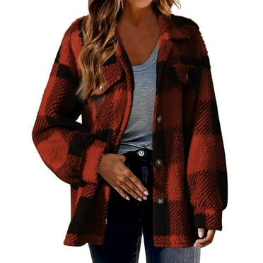 AherBiu Plus Size Jackets for Women Plush Fuzzy Shacket Plaid Button Lapel Long Sleeve Shirt Jacket Winter Coats