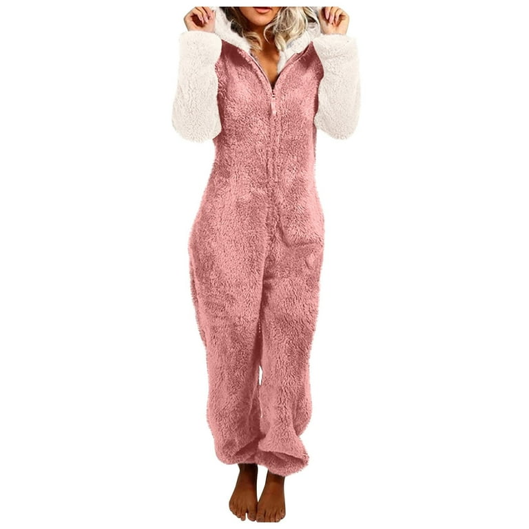 AherBiu Plus Size Jumpsuits for Women Winter Pajamas Fleece Fluffy Half Zip  up Hooded One-Piece Sleepwear