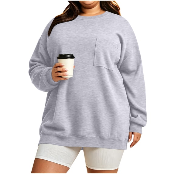 AherBiu Plus Size Oversized Crewneck Sweatshirt for Women Drop Shoulder Lightfleece Lined Pullover Casual Long Sleeve Tops