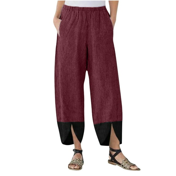 AherBiu Plus Size Pants for Women Corduroy High Waisted Vintage Casual Loose Slit Leg Trousers with Pockets