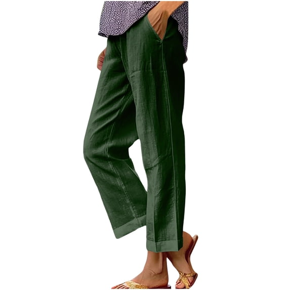 AherBiu Plus Size Pants for Women Cotton Linen High Waisted Straight Leg Summer Lightweight Slacks with Pockets