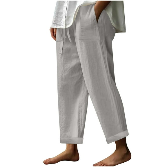 AherBiu Plus Size Pants for Women Cotton Linen Straight Leg High Waisted Summer Casual Lightweight Slacks with Pockets