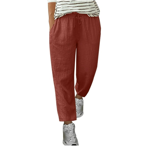 AherBiu Plus Size Pants for Women Cotton Linen Summer Lightweight Drawstring High Waisted Straight Leg Lounge Trousers with Pockets
