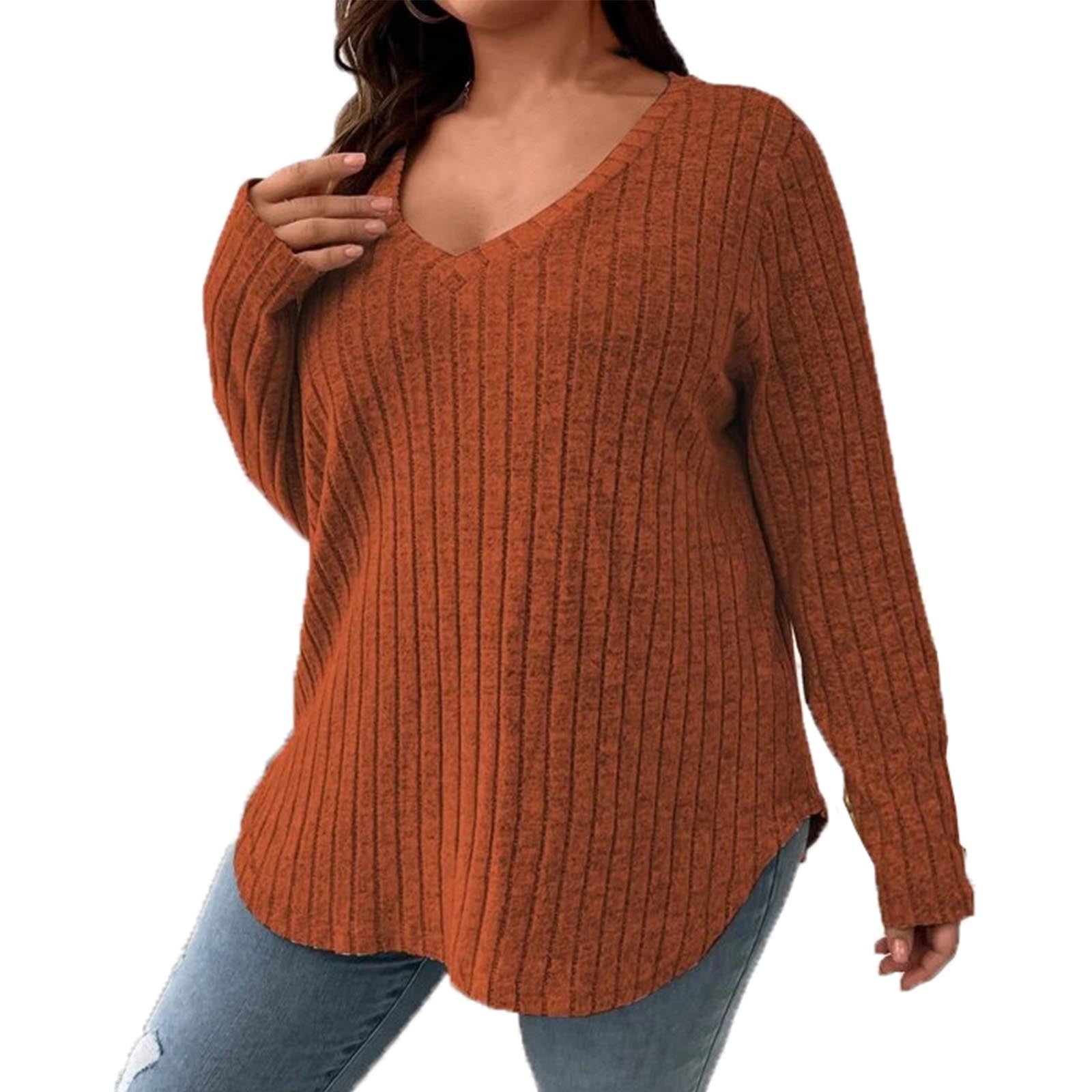 AherBiu Plus Size Ribbed Tops for Women Long Sleeve Blouse V Neck Tunic ...