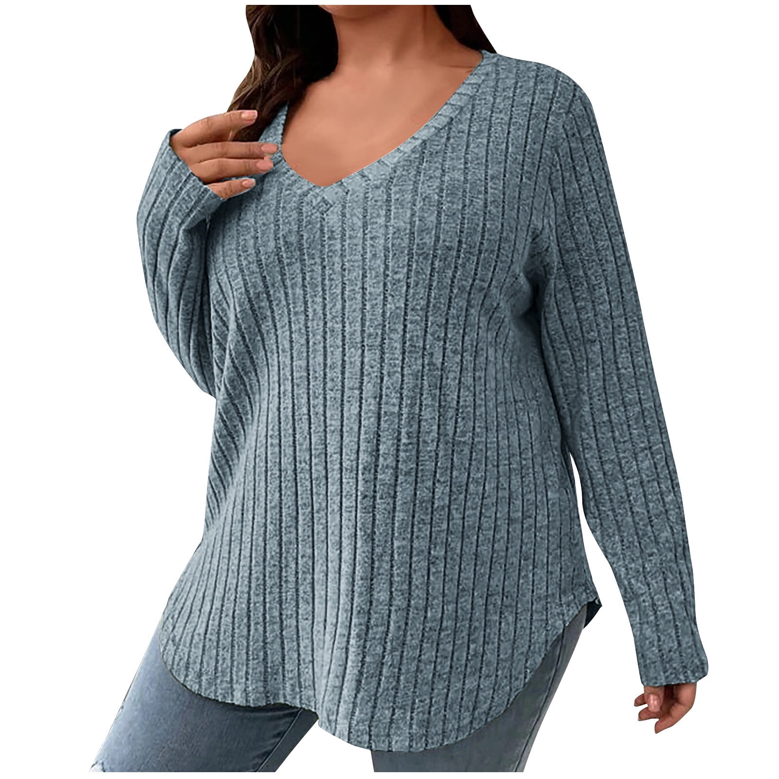 Plus Size Ribbed V-Neck Drop Shoulder Top and Pants Set main image 1