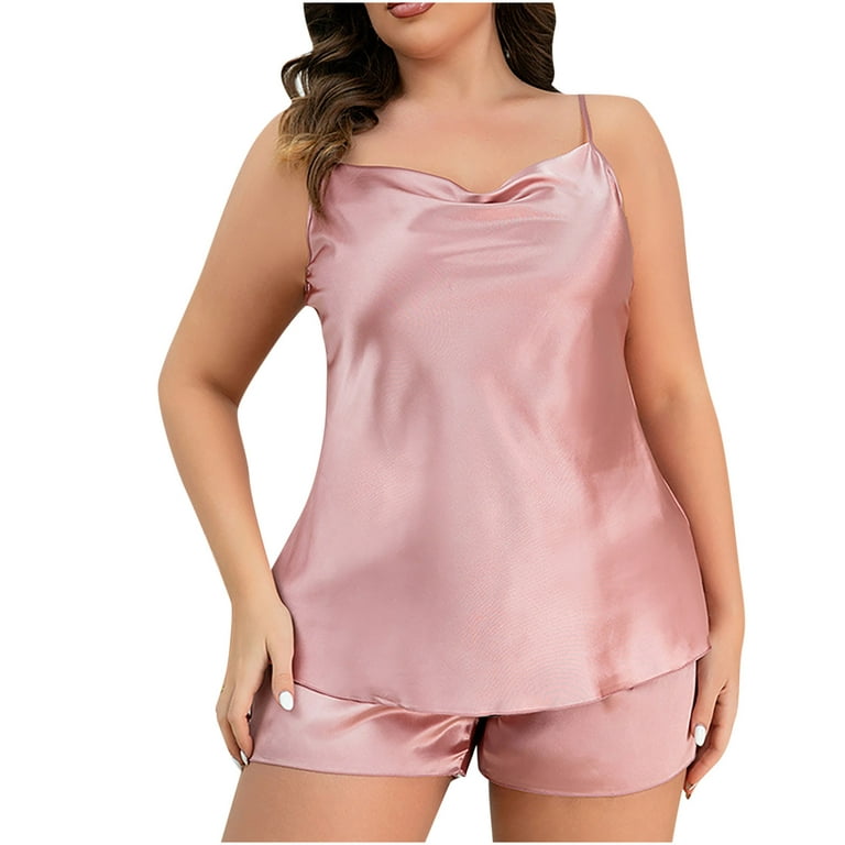 AherBiu Plus Size Satin Pajamas Sets for Women Cowl Neck Tank Tops Shorts 2  Piece Sleepwear Suits 