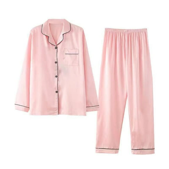 AherBiu Plus Size Satin Pajamas for Women Set Long Sleeve Button Down Shirts with Pants 2 Piece Loose Sleepwear