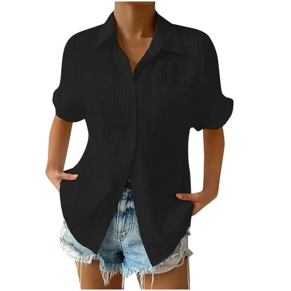 AherBiu Plus Size Shirts for Women Button down Lapel Short Sleeve Tops Business Casual Blouse with Pocket