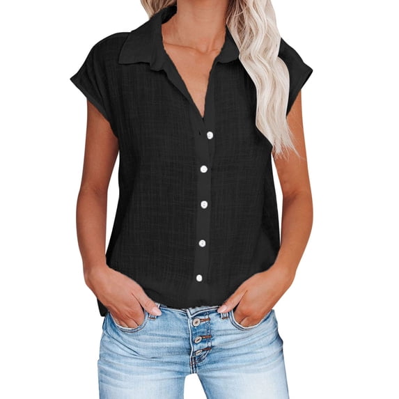 AherBiu Plus Size Shirts for Women Cotton Linen Button Down Lapel V Neck Cap Sleeve Summer Tops Blouse