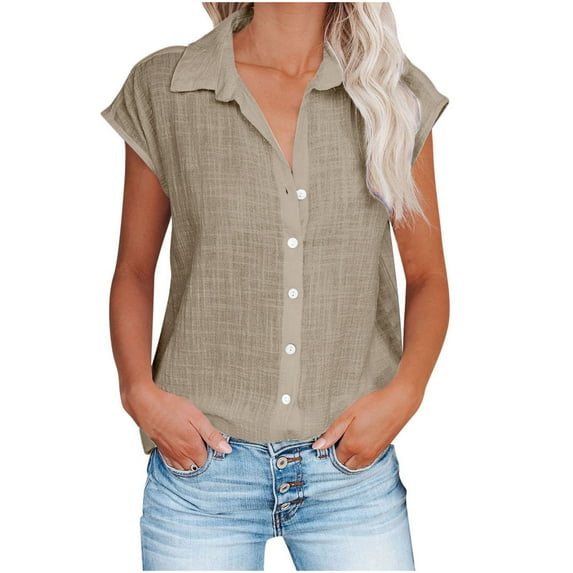 AherBiu Plus Size Shirts for Women Cotton Linen Button Down Lapel V Neck Cap Sleeve Summer Tops Blouse