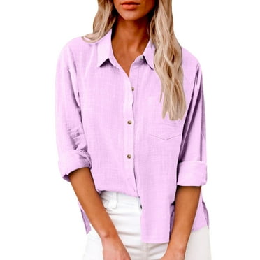 AherBiu Plus Size Shirts for Women Cotton Linen Button down Lapel Loose Fall Tops Casual Blouse Solid Color