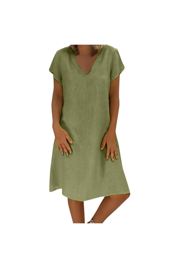 Plus Size Summer Dresses for Women Cotton Linen V Neck Short Sleeve T Shirt Tunic Midi Dress