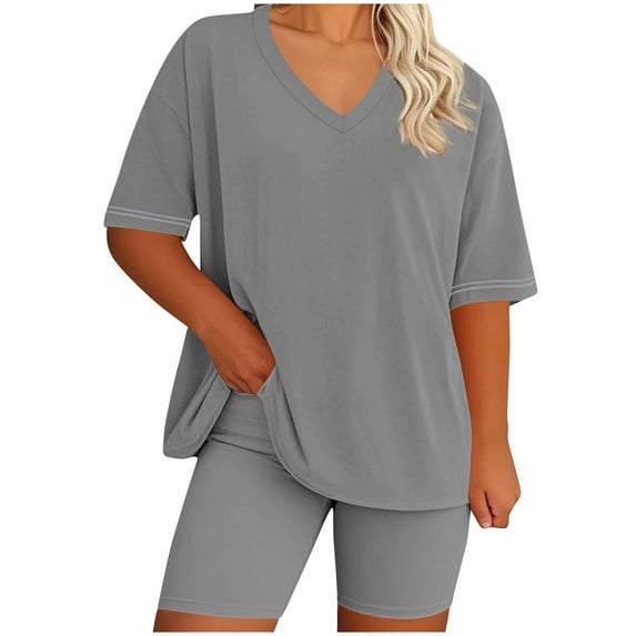 AherBiu Plus Size Summer Outfits for Women 2 Piece Short Sets V Neck Tshirt with Bottom Shorts Workout Set