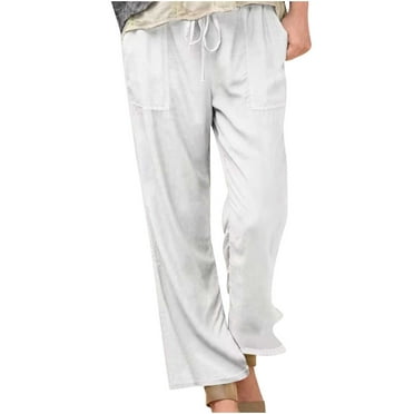 AherBiu Plus Size Summer Pants for Women Cotton Linen Drawstring High Waisted Lightweight Trousers with Pockets