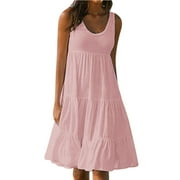 AherBiu Plus Size Sundresses for Women 2024 Beach Wear Boho Midi Dress Summer Tiered Ruffle Flowy Tank Dresses