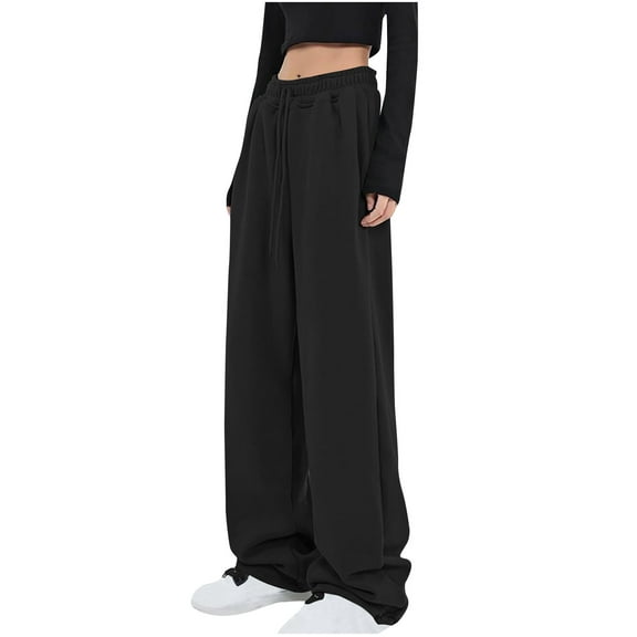 AherBiu Plus Size Sweatpants for Women Drawstring Elastic Waist Straight Wide Leg Joggers Trousers