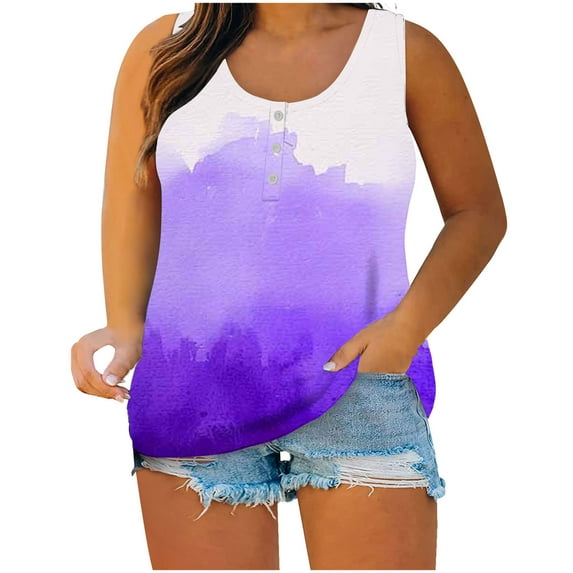 AherBiu Plus Size Tank Tops for Women Button Crewneck Sleeveless Tshirts Tie-Dye Summer Top Tees Blouse