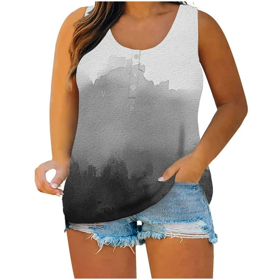 AherBiu Plus Size Tank Tops for Women Button Crewneck Sleeveless Tshirts Tie-Dye Summer Top Tees Blouse