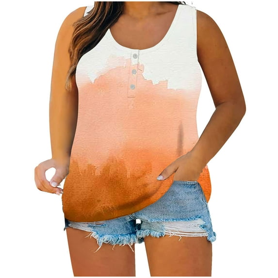 AherBiu Plus Size Tank Tops for Women Button Crewneck Sleeveless Tshirts Tie-Dye Summer Top Tees Blouse