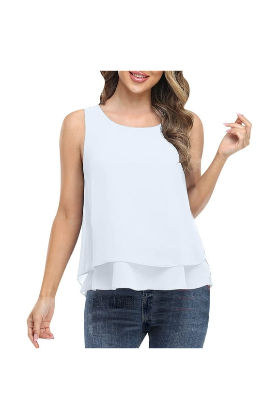 Plus Size Tank Tops for Women Chiffon Layered Ruffle Ladies Vacation Sleeveless Shirts Blouse
