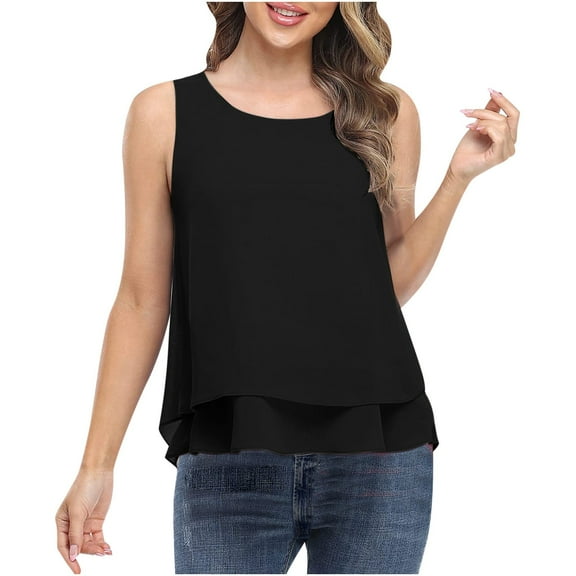 AherBiu Plus Size Tank Tops for Women Chiffon Layered Ruffle Ladies Vacation Sleeveless Shirts Blouse