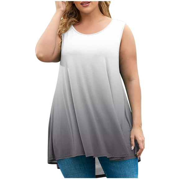 AherBiu Plus Size Tank Tops for Women Gradient Color Crew Neck Sleeveless Tunic Tops to Wear with Leggings