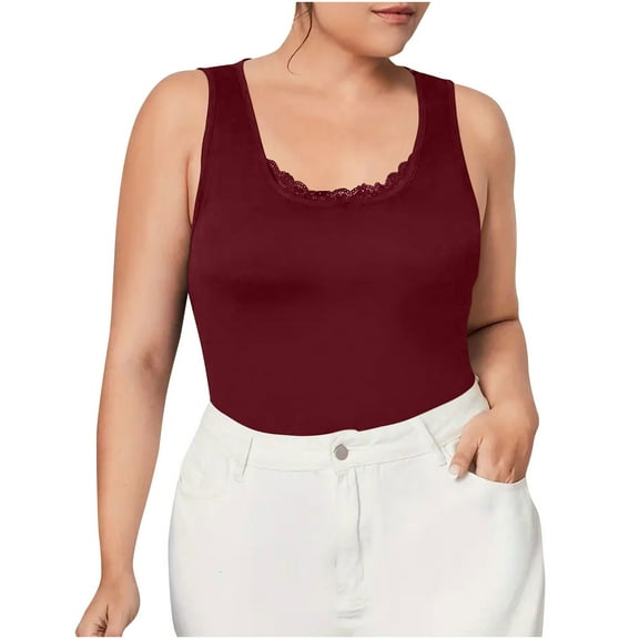 AherBiu Plus Size Tank Tops for Women Pajamas Cami Shirts Lace Round Neck Sleeveless Sleepwear Tees
