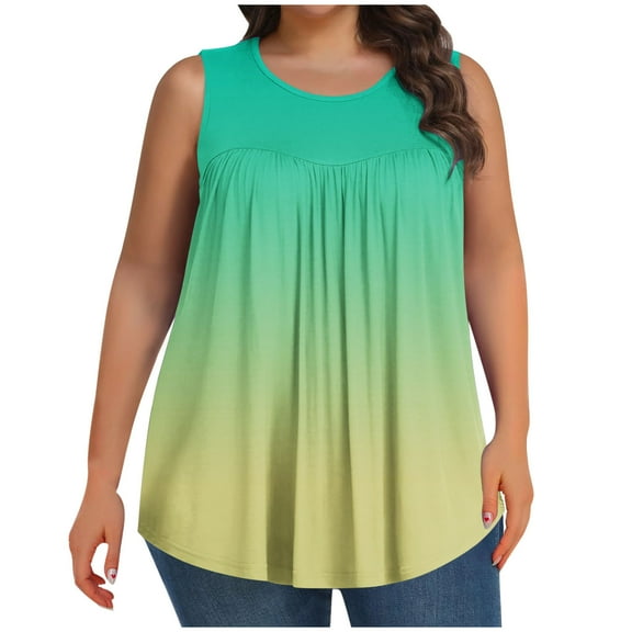 AherBiu Plus Size Tank Tops for Women Ruched Loose Summer Casual Gradient Color Sleeveless Tunic Tops to Wear with Leggings