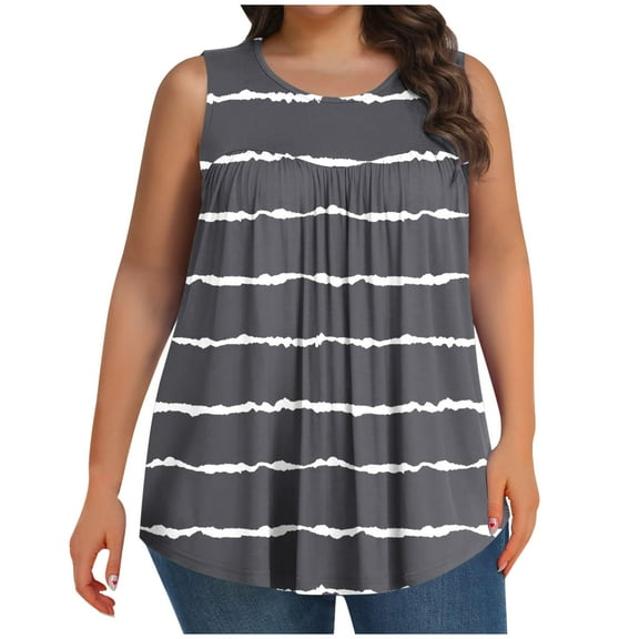 AherBiu Plus Size Tank Tops for Women Striped Crewneck Sleeveless Summer Casual Loose Tunic Top Tees Shirts