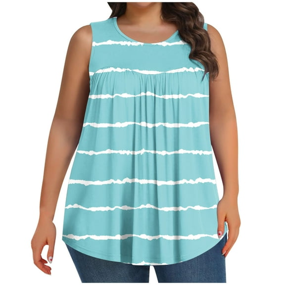 AherBiu Plus Size Tank Tops for Women Striped Crewneck Sleeveless Summer Casual Loose Tunic Top Tees Shirts