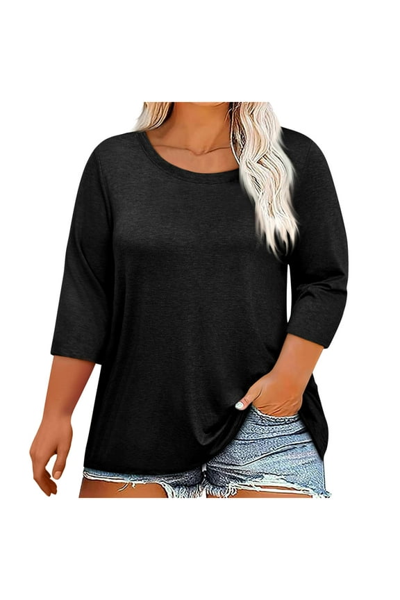 Plus Size Tops for Women 3/4 Sleeve Crewneck Comfy Basic Top Tees Summer Casual Loose Plain Tshirt