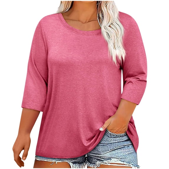 AherBiu Plus Size Tops for Women 3/4 Sleeve Crewneck Comfy Basic Top Tees Summer Casual Loose Plain Tshirt