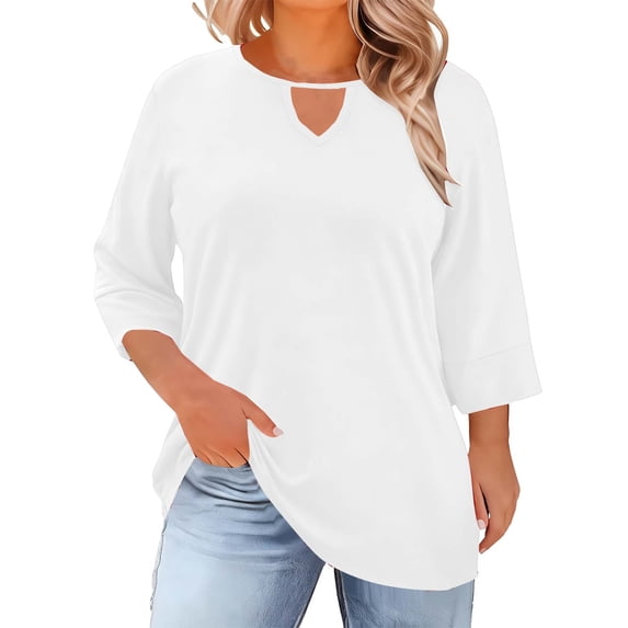 AherBiu Plus Size Tops for Women 3/4 Sleeve Keyhole Crewneck Summer Casual Loose Fitted Plain Top Tees Tshirt