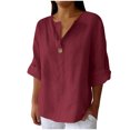 thumbnail image 1 of AherBiu Plus Size Tops for Women Button Notch V Neck 3/4 Sleeve Cotton Linen Lightweight Summer Shirt Blouse, 1 of 6