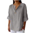 thumbnail image 1 of AherBiu Plus Size Tops for Women Button Notch V Neck 3/4 Sleeve Cotton Linen Lightweight Summer Shirt Blouse, 1 of 6