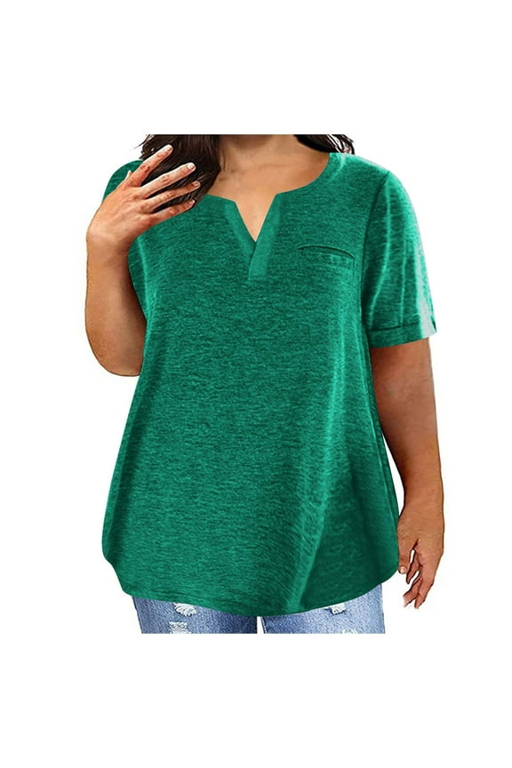 Plus Size Tops for Women Comfy Short Sleeve Top Tees Shirts Basic T-Shirt Notch V Neck Blouse