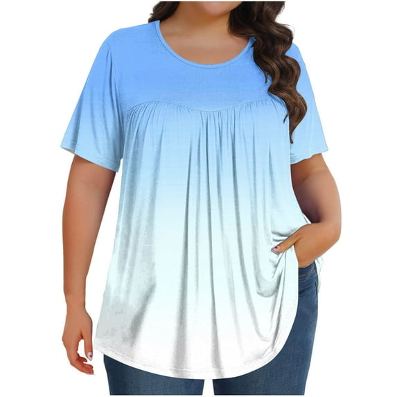 AherBiu Plus Size Tops for Women Crewneck Ruched Loose Summer Casual Short Sleeve Gradient Color Tunic Top to Wear with Leggings
