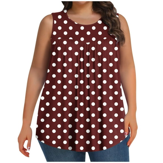 AherBiu Plus Size Tops for Women Crewneck Summer Tank Top Dotted Ruched Loose Casual Sleeveless Tunic Top Tees Shirts