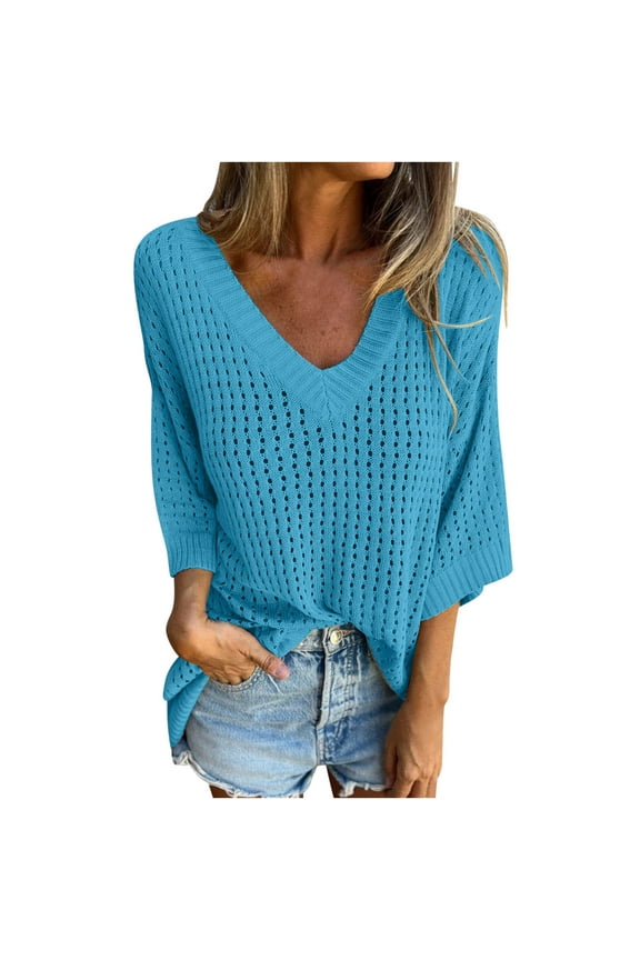 Plus Size Tops for Women Crochet Knitted Hollow out 1/2 Sleeve V Neck Pullover Top Shirts Beachwear